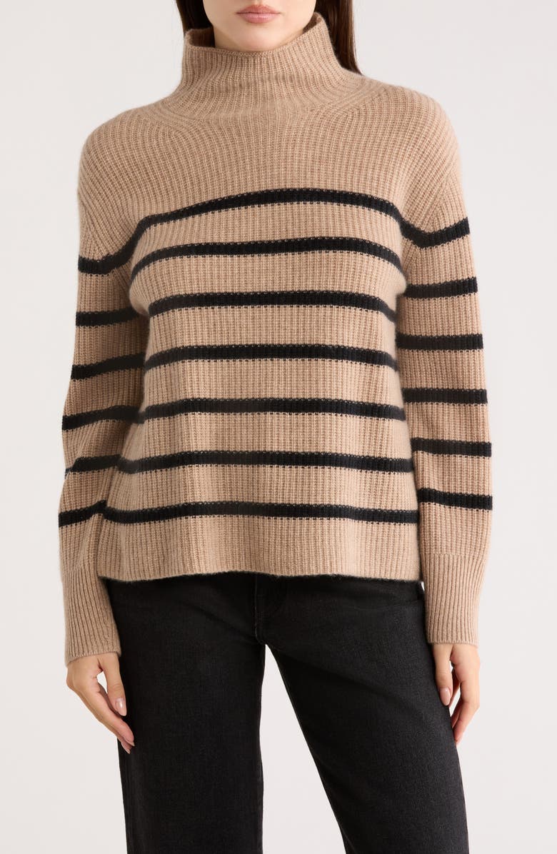 Nordstrom Cashmere Stripe Mock Neck Ribbed Sweater, Main, color, Tan Camel Heather Black Stripe