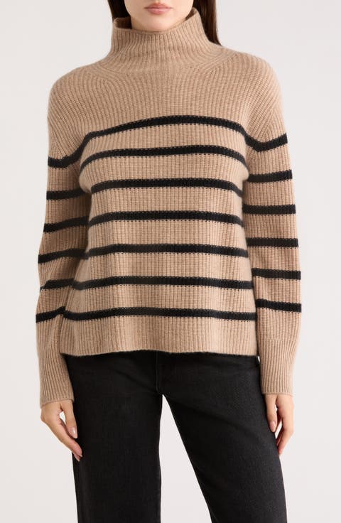 Cashmere Stripe Mock Neck Ribbed Sweater