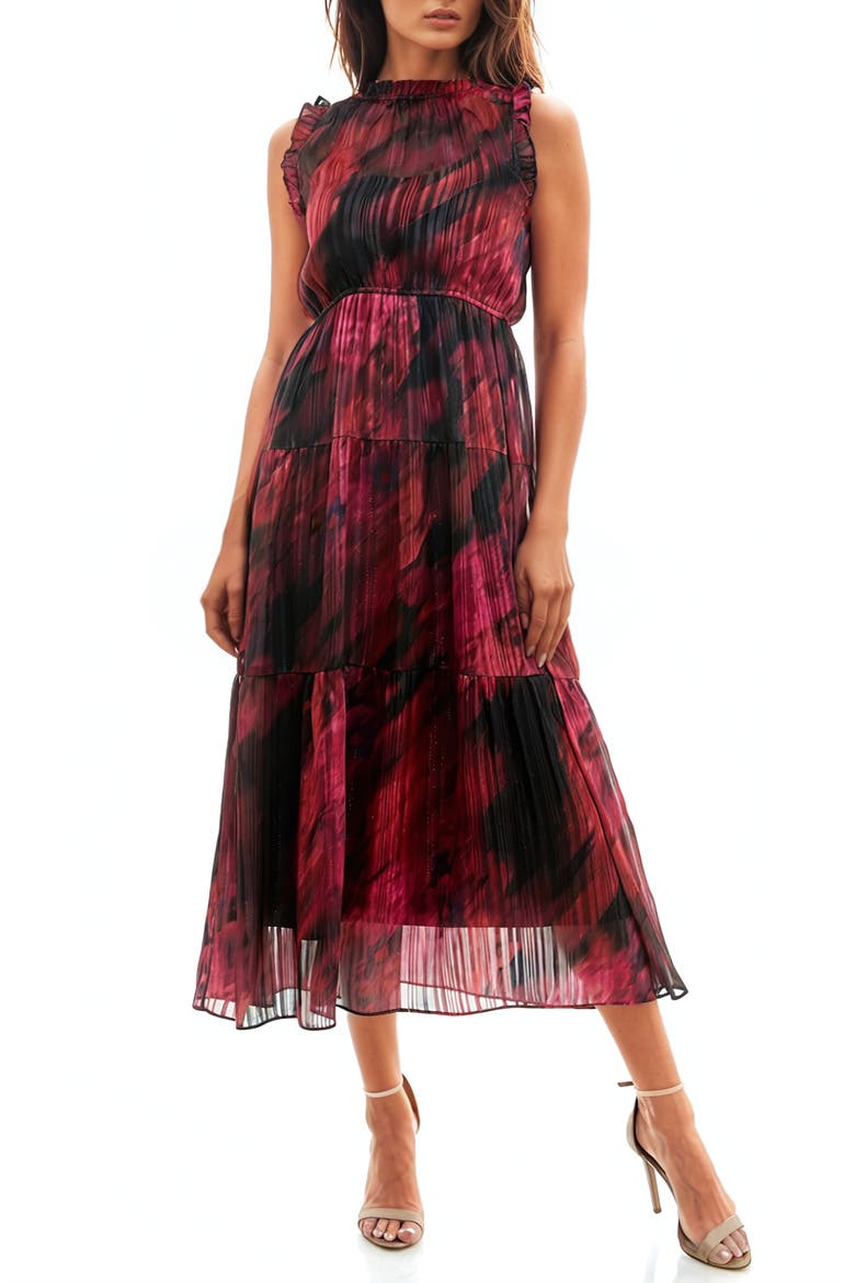 Chiffon Tiered Midi Dress, Main, color, BLACK BLURRED FLORAL
