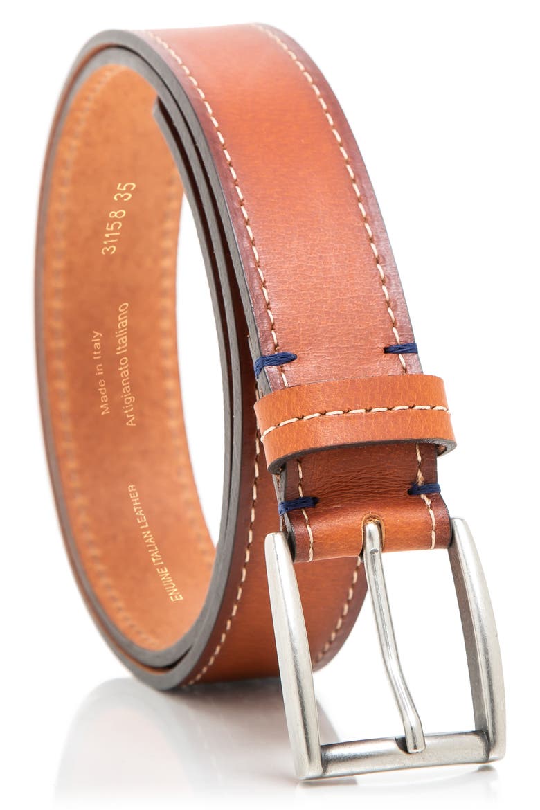 Stitched Leather Belt, Main, color, COGNAC