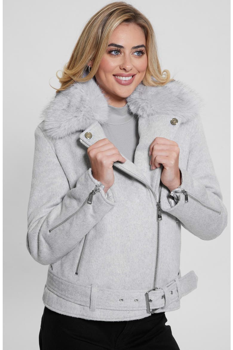 Nancy Moto Jacket with Removable Faux Fur Collar, Alternate, color, LIGHT MELANGE GREY