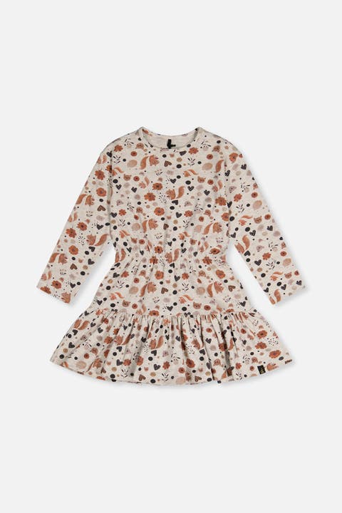 Organic Cotton Squirrel Floral Ruffle Yoke Dress