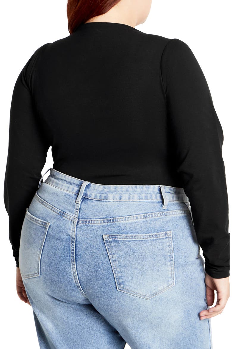 Amelia Pleated Long Sleeve Stretch Cotton Bodysuit, Alternate, color, BLACK
