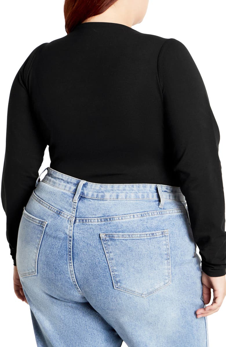 City Chic Amelia Pleated Long Sleeve Stretch Cotton Bodysuit, Alternate, color, Black