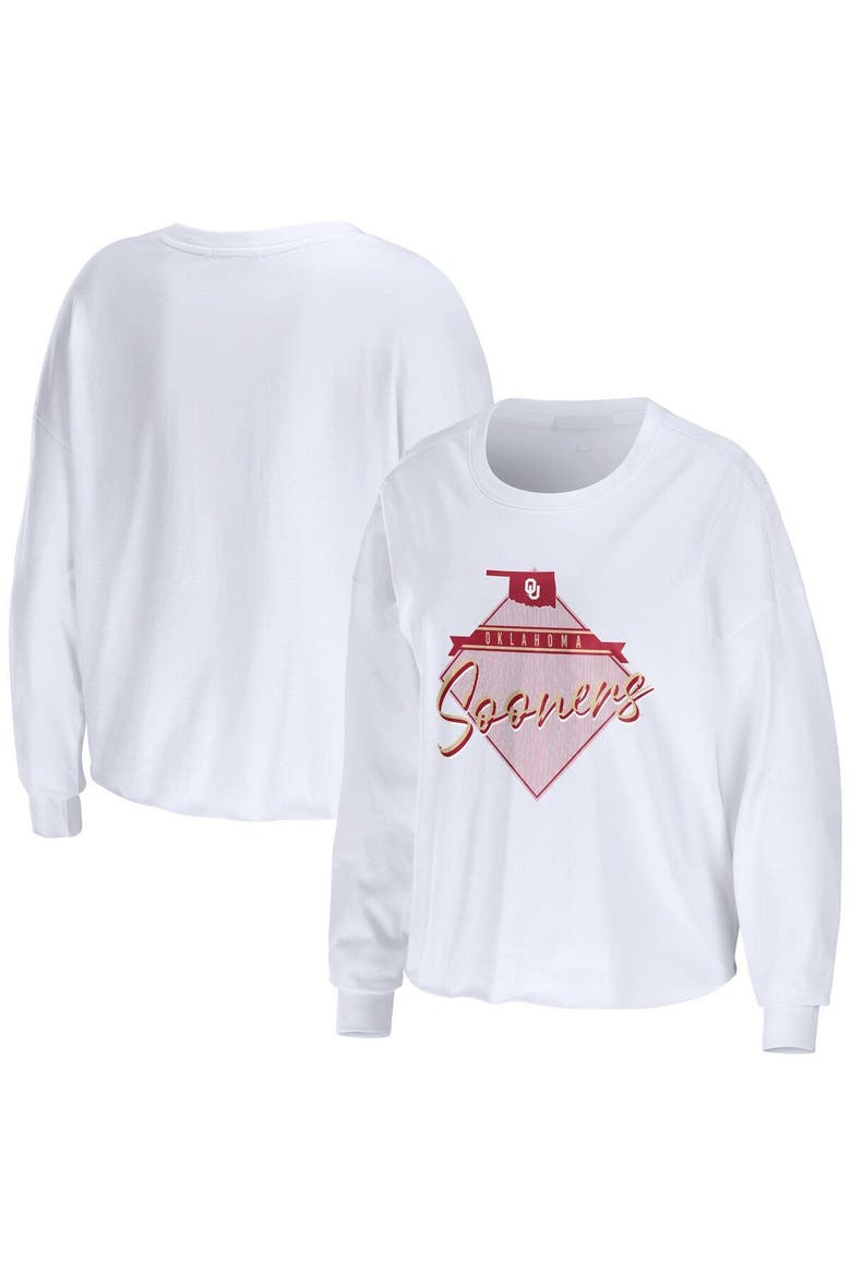 Women's WEAR by Erin Andrews White Oklahoma Sooners Diamond Long Sleeve Cropped T-Shirt, Main, color, White