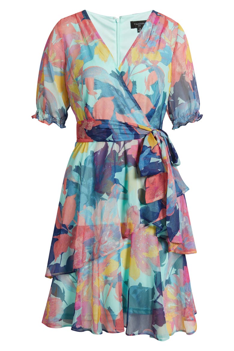 Floral Shadow Stripe Short Sleeve Faux Wrap Dress, Alternate, color, SEAFOAM MULTI