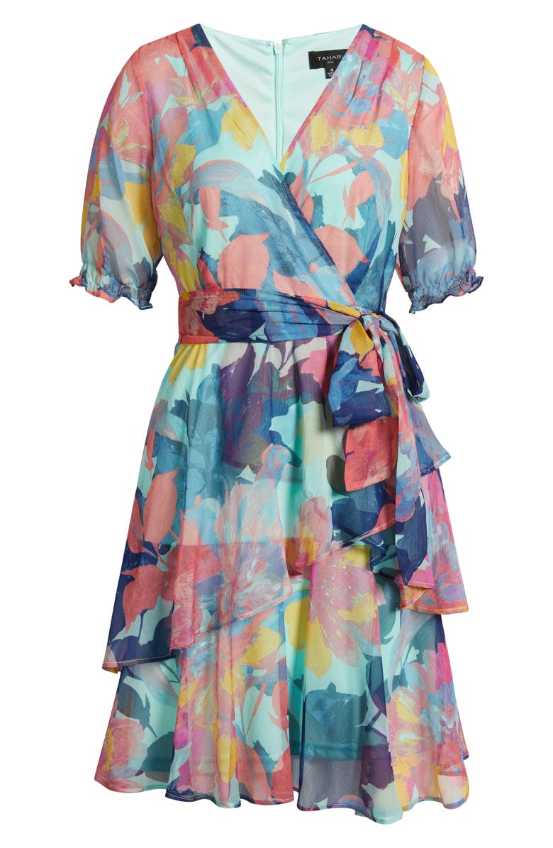 Tahari ASL Floral Shadow Stripe Short Sleeve Faux Wrap Dress, Alternate, color, Seafoam Multi