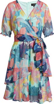 Tahari ASL Floral Shadow Stripe Short Sleeve Faux Wrap Dress