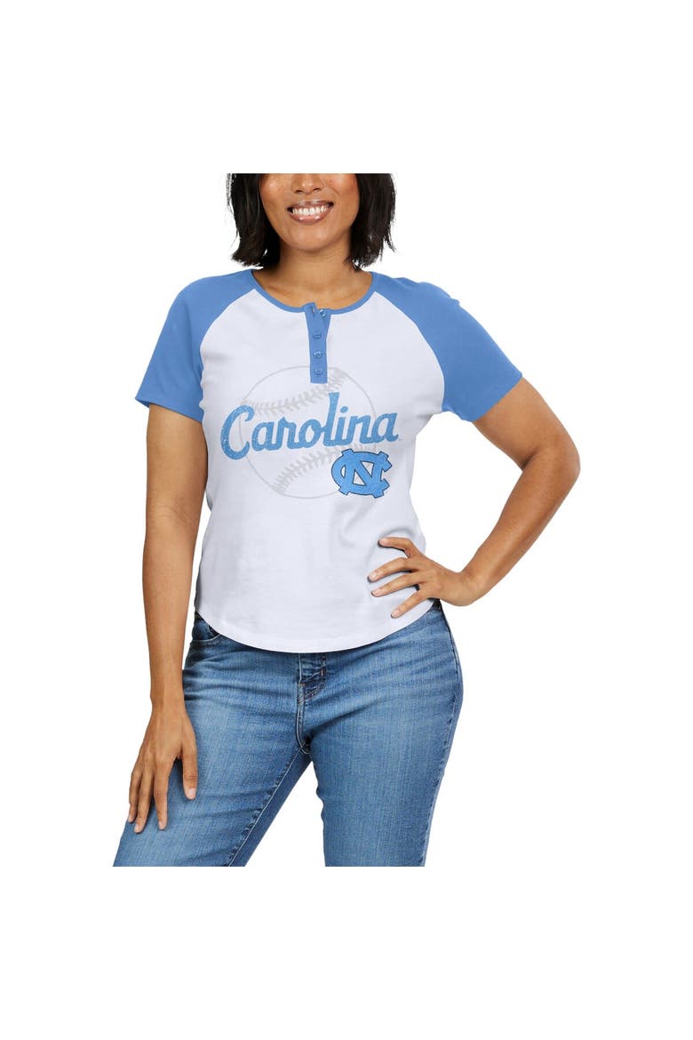 Women's WEAR by Erin Andrews White North Carolina Tar Heels Baseball Logo Raglan Henley T-Shirt, Alternate, color, White