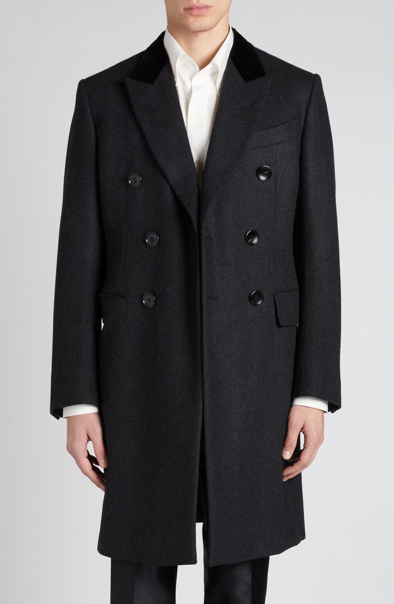 TOM FORD Double Breasted Herringbone Wool & Cashmere Coat, Alternate, color, Ig690 Charcoal