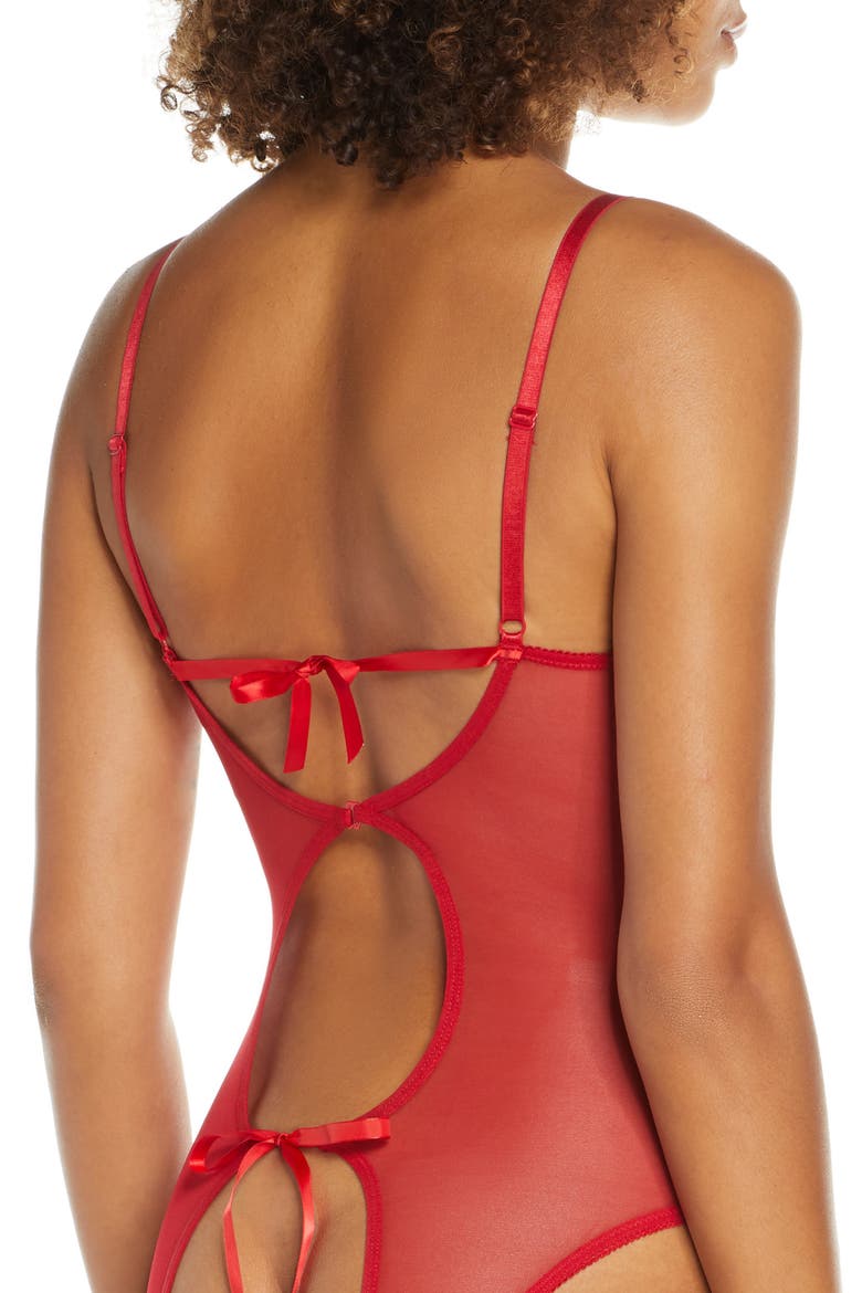 Zara Underwire Open Cup Open Gusset Lace Teddy, Alternate, color, RED