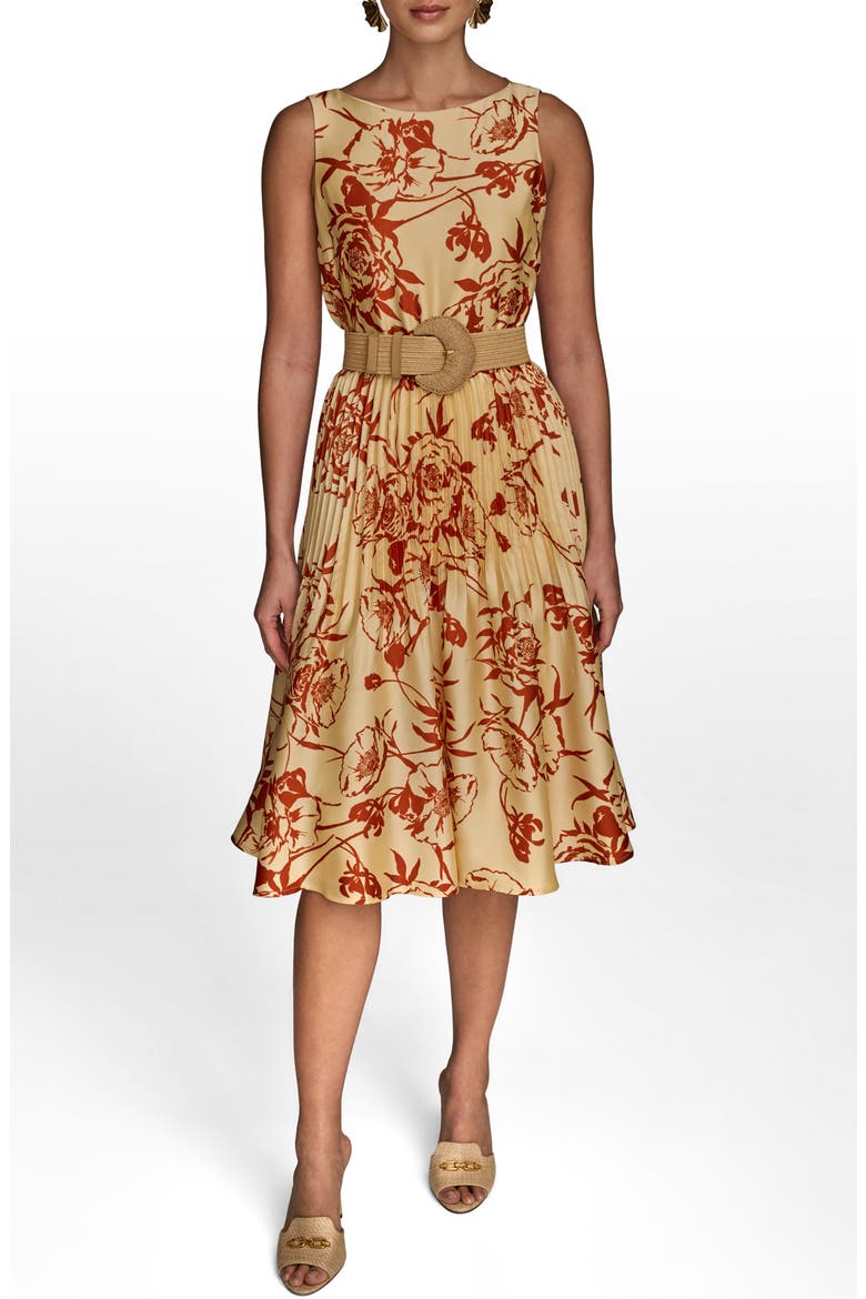 Floral Sleeveless Belted A-Line Midi Dress, Main, color, CINNAMON/ BEACH