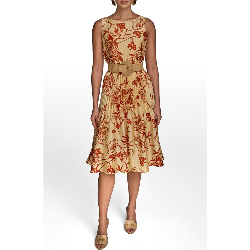 Donna Karan New York Floral Sleeveless Belted A-line Midi Dress In Neutral
