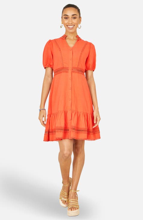 Cotton Lace Trim Skater Shirt Dress