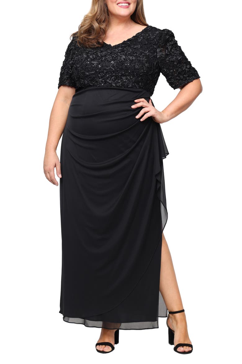 Embellished Short Sleeve Empire Waist Gown, Main, color, BLACK