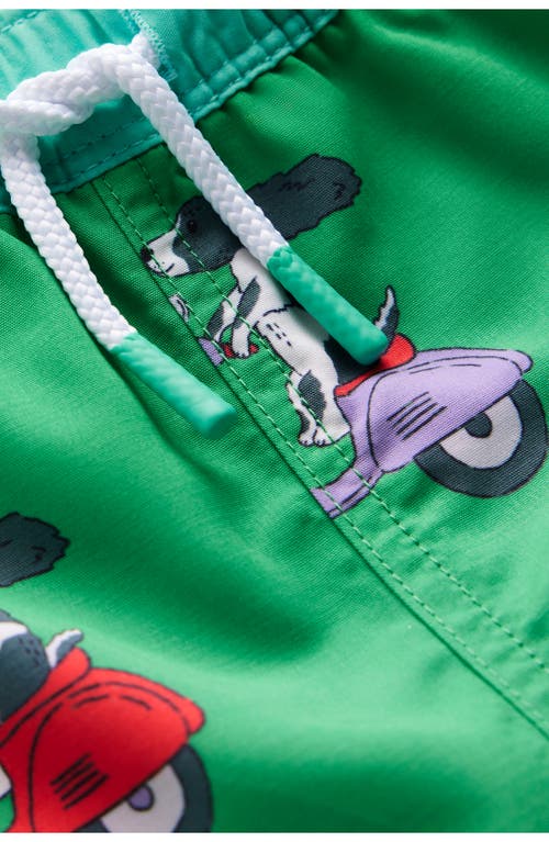 Mini Boden Kids' Print Swim Trunks In Green Puppy Scooter