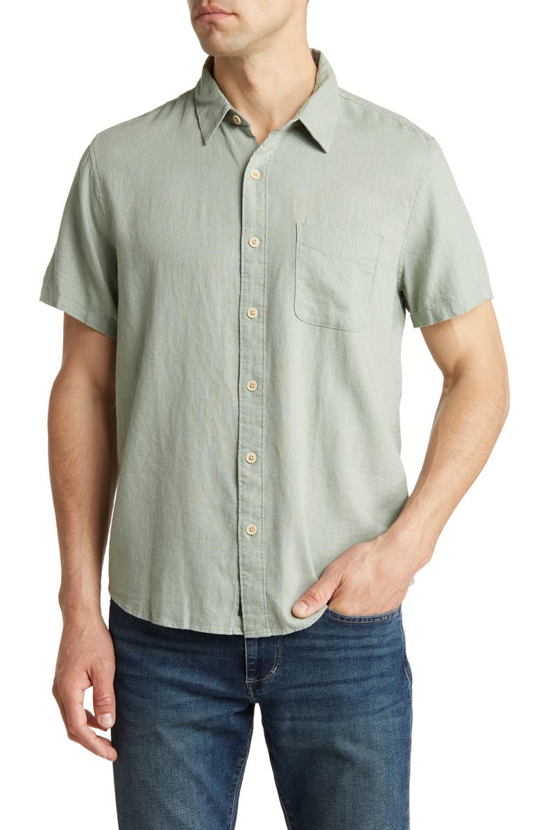 Lucky Brand San Gabriel Short Sleeve Linen Blend Button-Up Shirt, Main, color, Green Bay