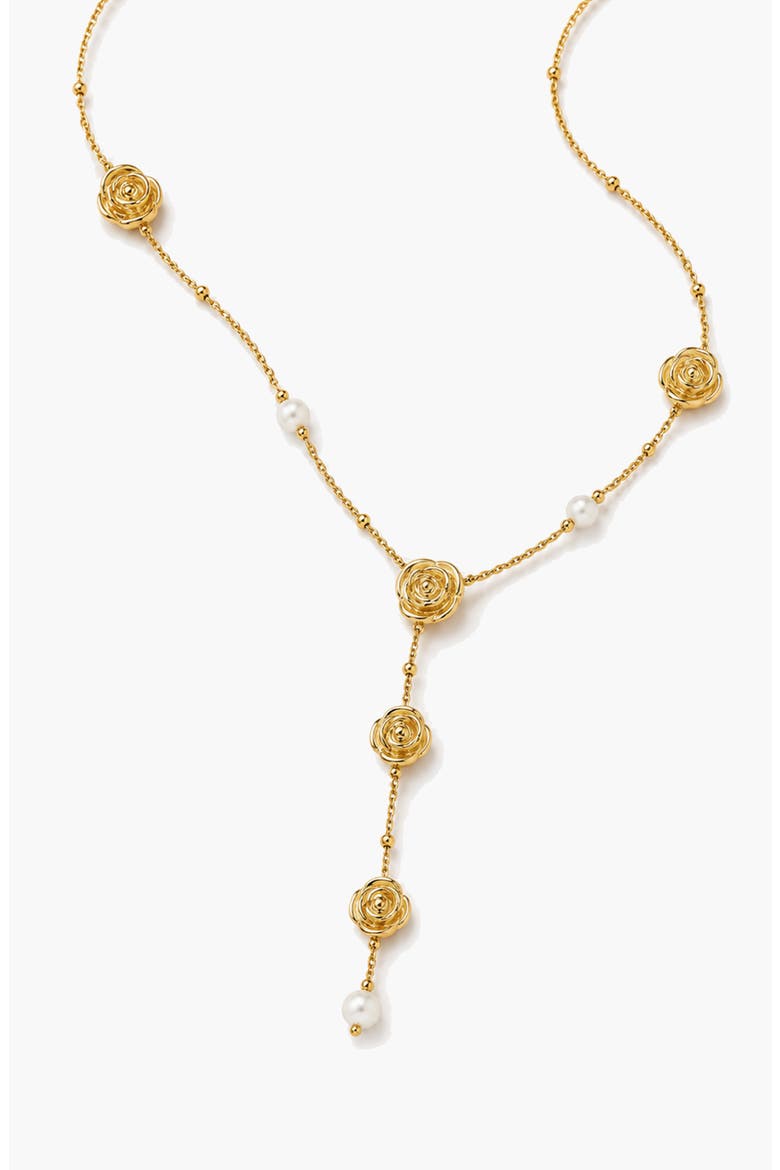 Long Rose Lariat Necklace In Gold & Pearls, Alternate, color, Gold