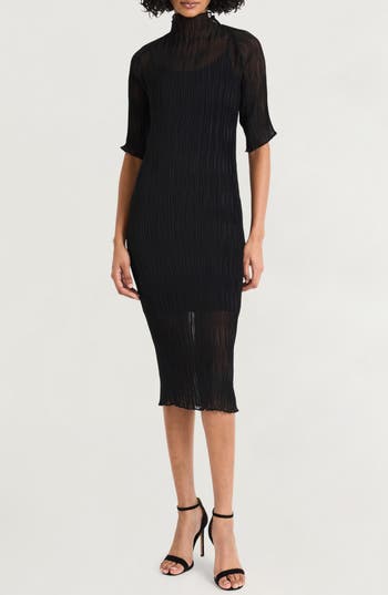 LUXELY LUXELY PLISSÉ FUNNEL NECK MIDI DRESS