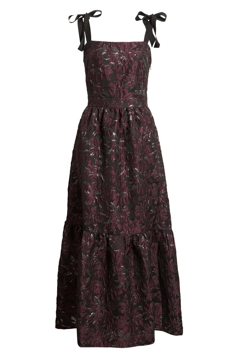 Tiered Floral Brocade Tie Strap Maxi Dress, Alternate, color, PURPLE MULTI FLORAL BROCADE