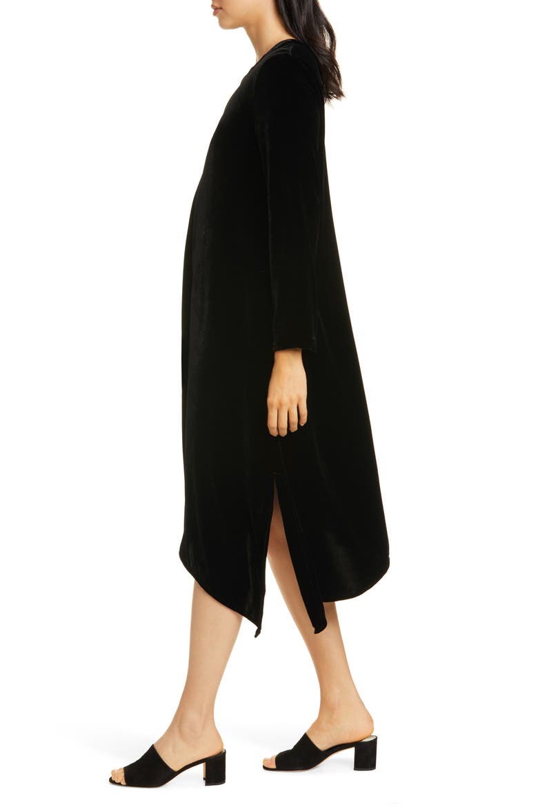 Asymmetrical Hem Velvet Long Sleeve T-Shirt Dress, Alternate, color, BLACK