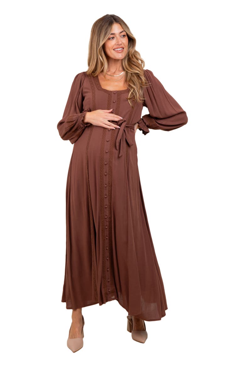 Lace Detail Button Down Maxi Dress, Main, color, Brown