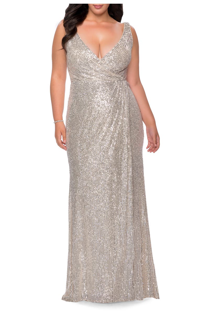 La Femme Sequin Plus Size Gown with Ruching and V-neck, Alternate, color, Silver