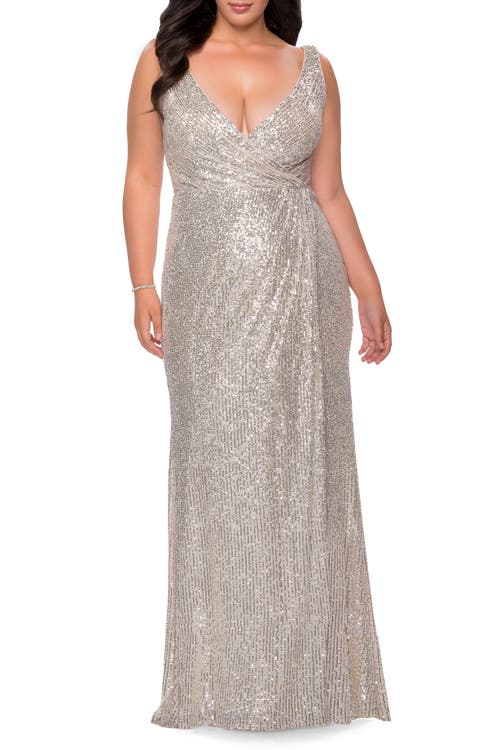La Femme Sequin Plus Size Gown With Ruching And V-neck In Silver