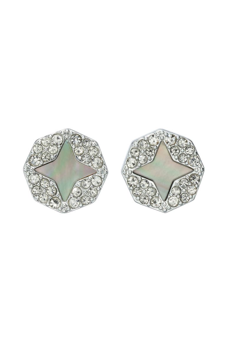 Forget Me Not Mother-of-Pearl & Pavé Stud Earrings, Alternate, color, TORY SILVER/ PEARL/CRYSTAL
