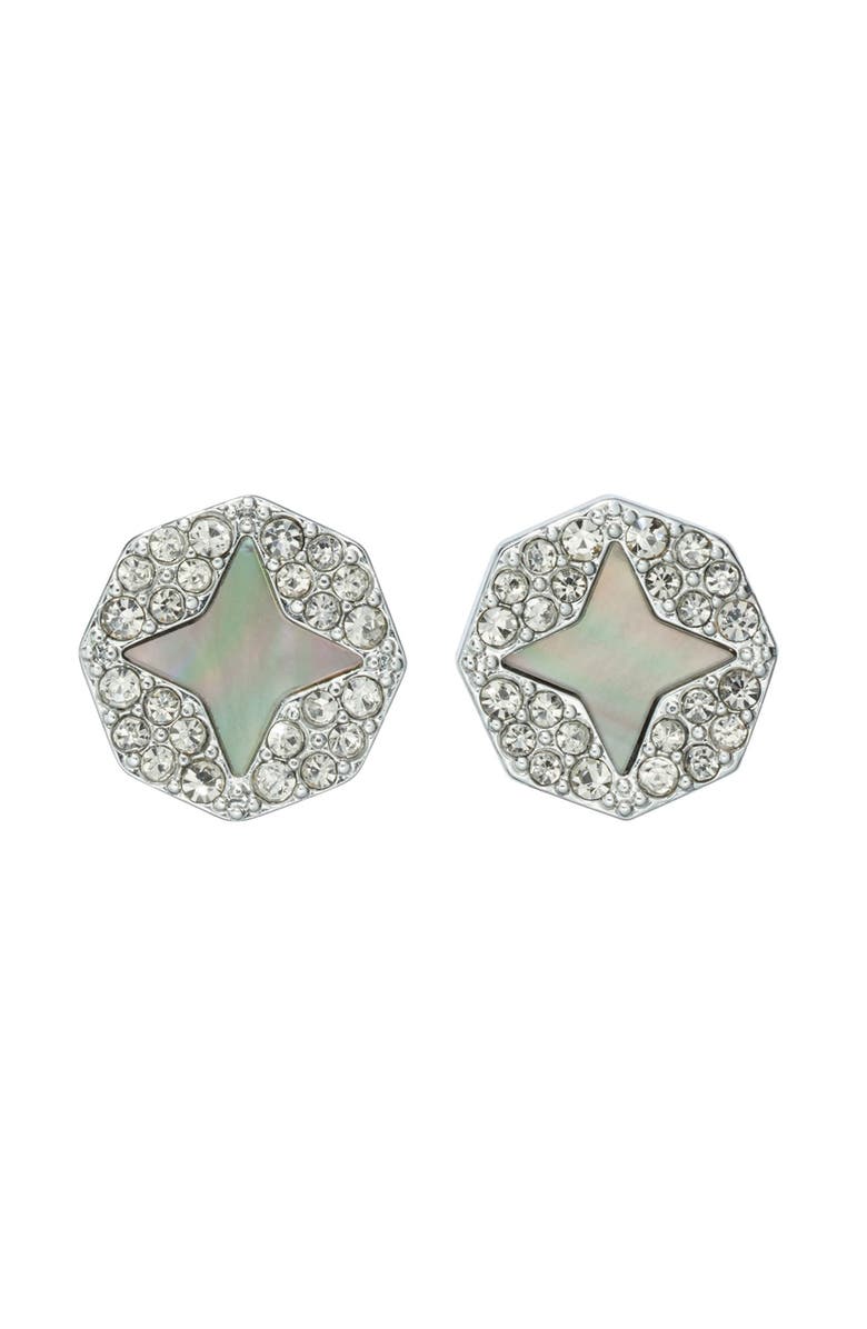 Tory Burch Forget Me Not Mother-of-Pearl & Pavé Stud Earrings, Alternate, color, Tory Silver/ Pearl/Crystal