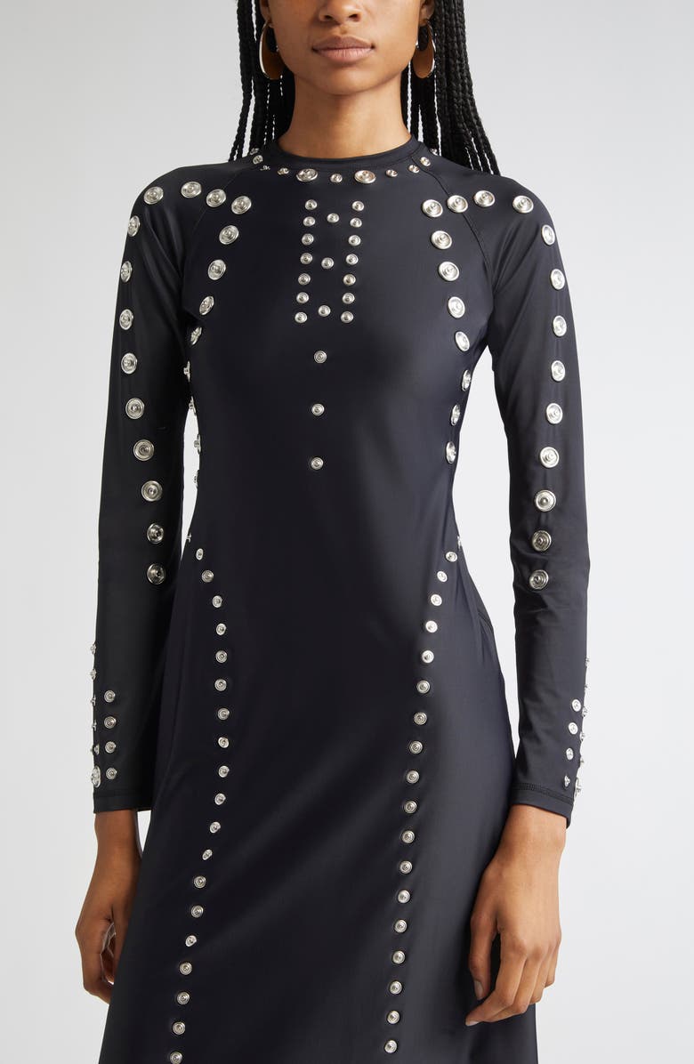 Coperni Snap Detail Long Sleeve Jersey Midi Dress, Alternate, color, Black