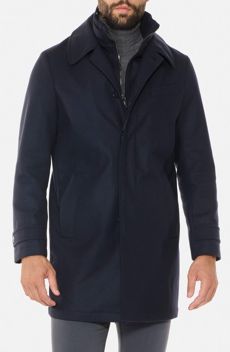 Norwegian Wool Euro Waterproof Wool & Cashmere Blend Coat with Removable Bib, Main, color, Navy