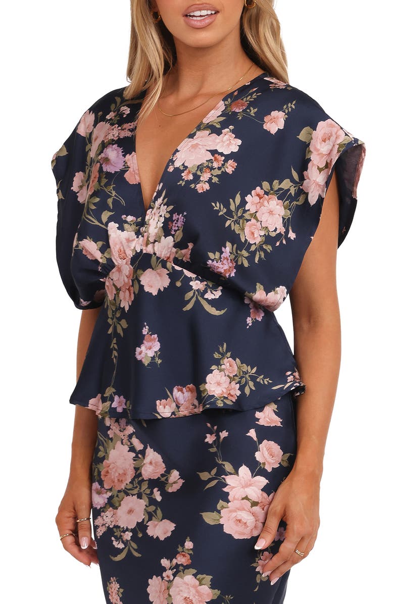 Petal & Pup Ricki Floral Print Dolman Sleeve Satin Top, Alternate, color, Navy Floral