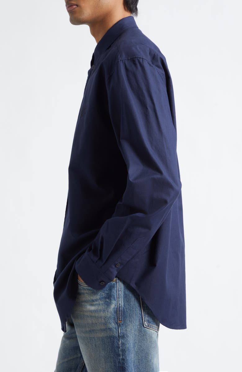 Balmain Monogram Embroidery Cotton Button-Down Shirt, Alternate, color, Marine