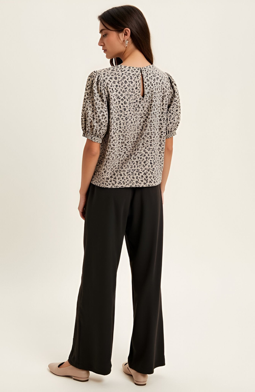 Modenaire Puff Sleeve Blouse With Velvet Bow Accents And Crew Neckline In Multi