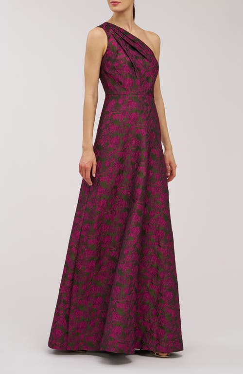Kay Unger Ashley Metallic Floral Jacquard One-shoulder Gown In Green