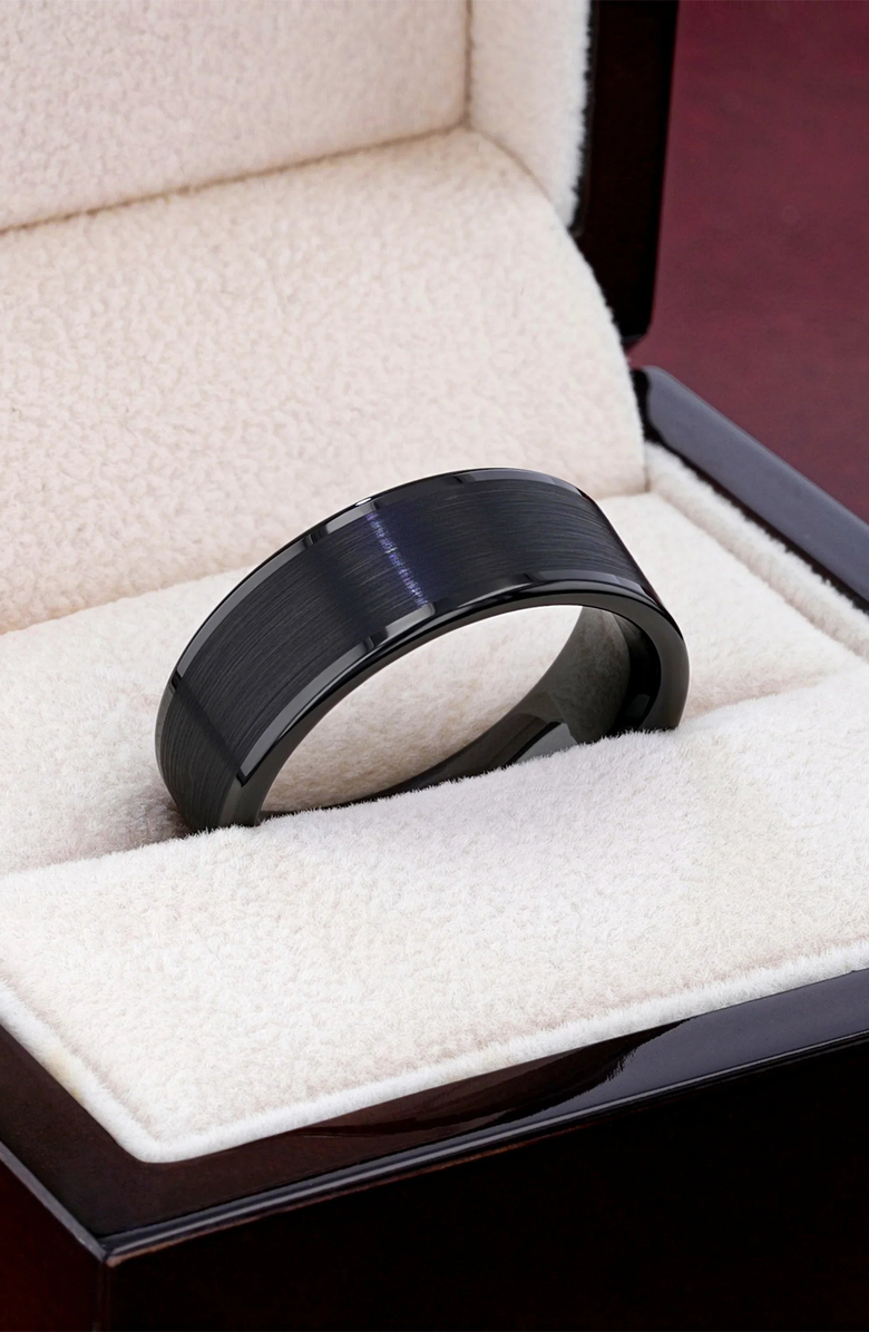 Larson Jewelers Vulcan Flat Tungsten Ring With Brushed Center and Polished Edges, Alternate, color, Flat Black 8Mm