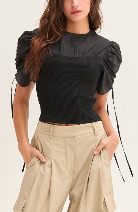 Mixed Media Shirred Sleeve Top
