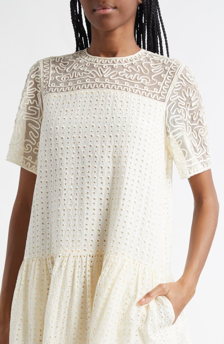 Ulla Johnson Gabi Soutache Lace Detail Cotton & Silk Eyelet Minidress, Alternate, color, Ivory