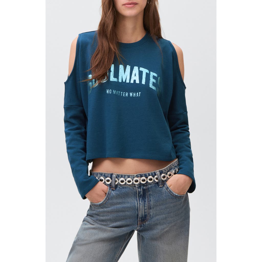 Mango Teen Printed Sweatshirt With Cut-out Petrol Blue In Green