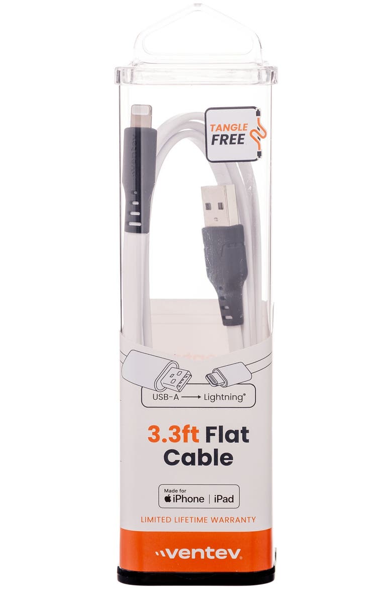 Flat USB-A to Apple Lightning High Speed Tangle-Free 3 Foot Cable, Alternate, color, White