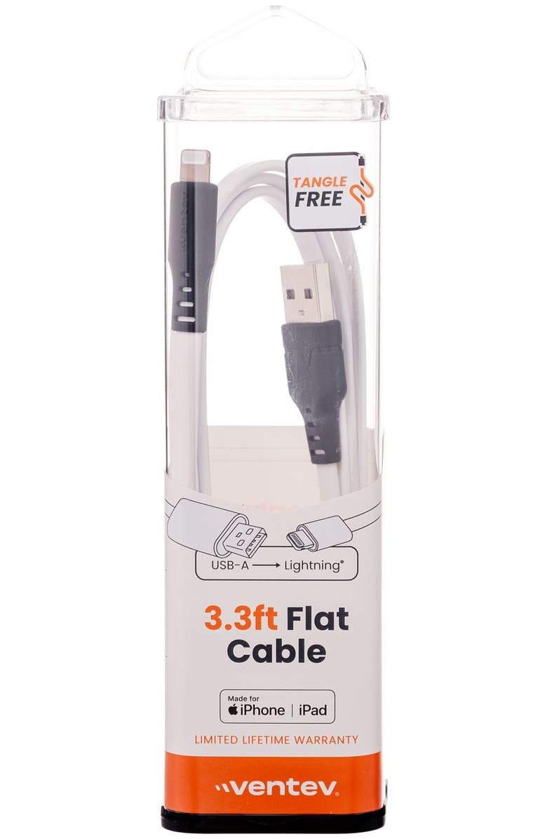 Ventev Flat USB-A to Apple Lightning High Speed Tangle-Free 3 Foot Cable, Alternate, color, White