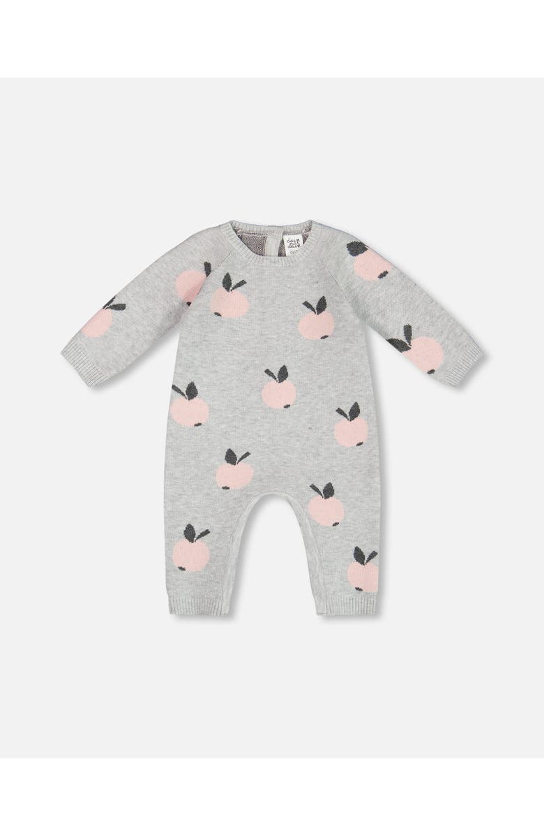 Deux par Deux Baby Girl's Knitted Jacquard Jumpsuit Gray With Apples, Main, color,