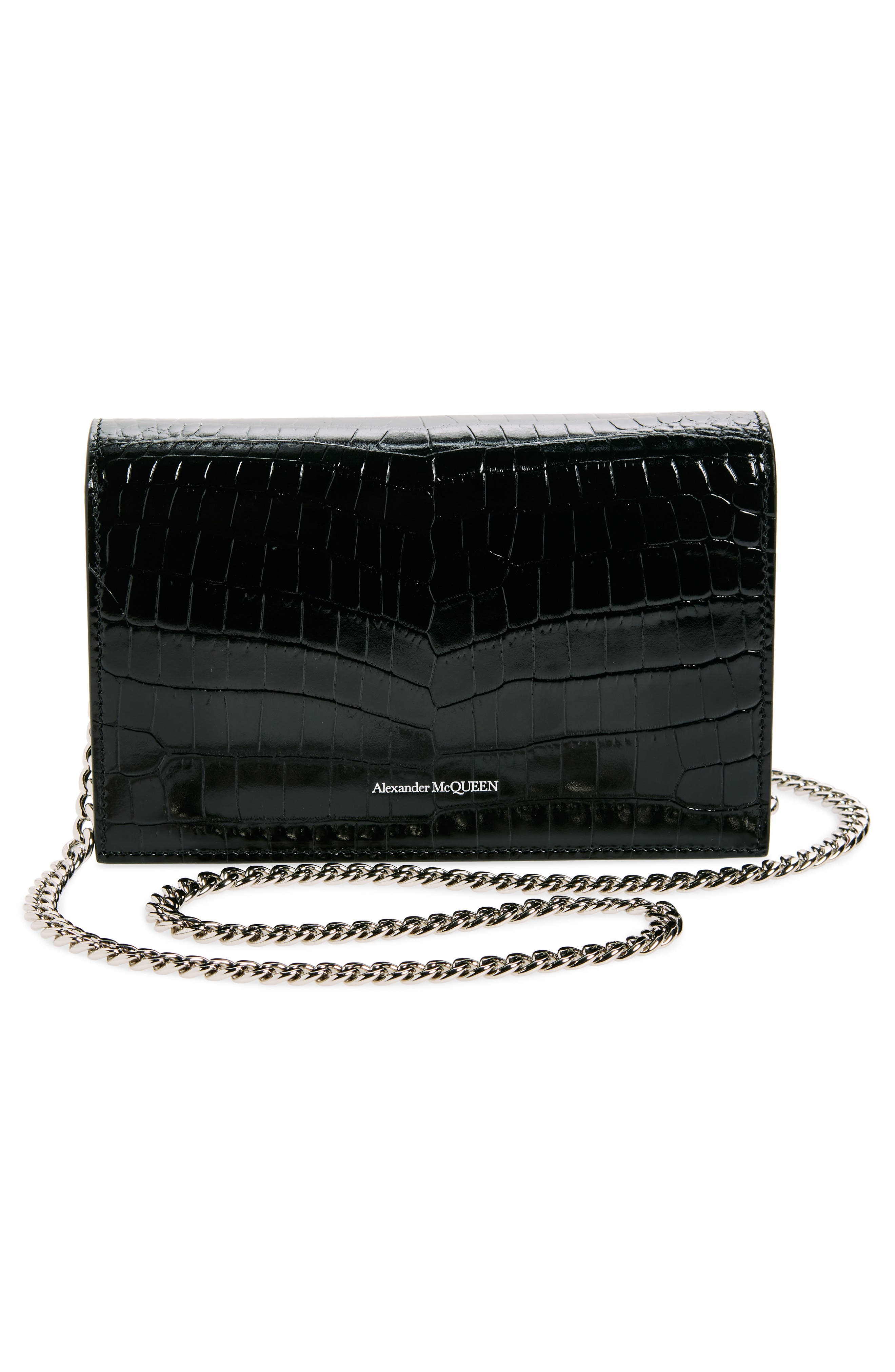 McQueen Alexander McQueen Mini Skull Croc Embossed Leather Shoulder Bag, Alternate, color, Black