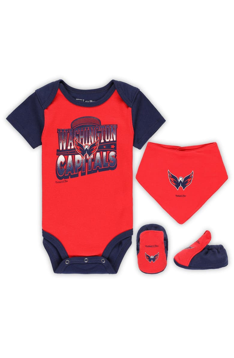 Mitchell & Ness Infant Mitchell & Ness Red/Navy Washington Capitals Big Score 3-Pack Bodysuit, Bib and Bootie Set, Main, color, Red