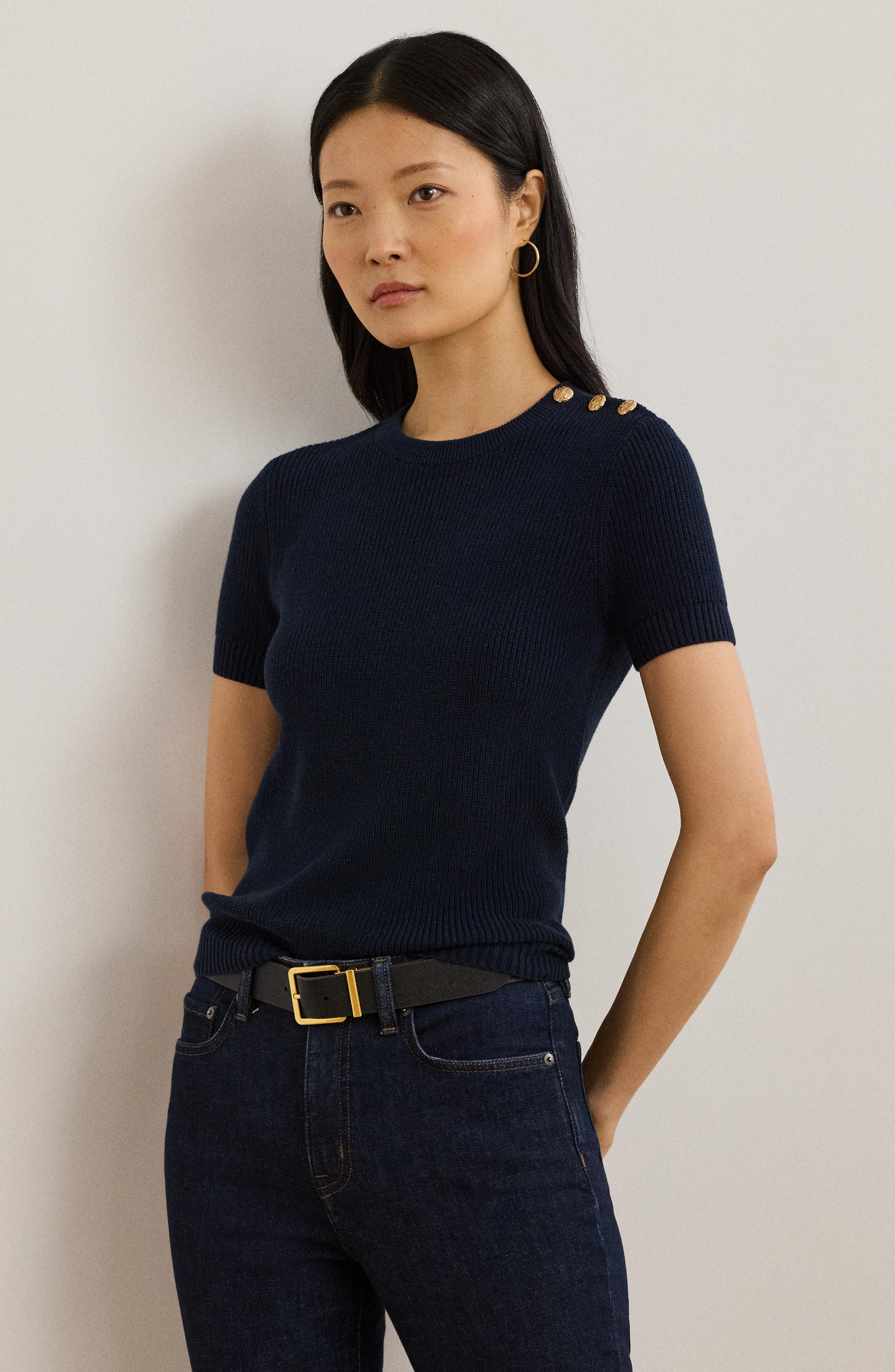 Rib Button Shoulder Short Sleeve Sweater - image 2