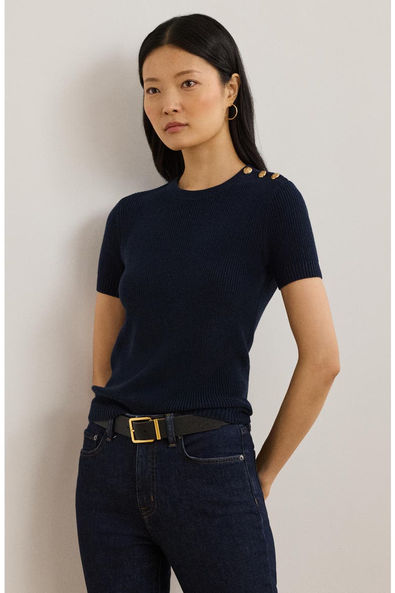 Rib Button Shoulder Short Sleeve Sweater, Alternate, color, LAUREN NAVY