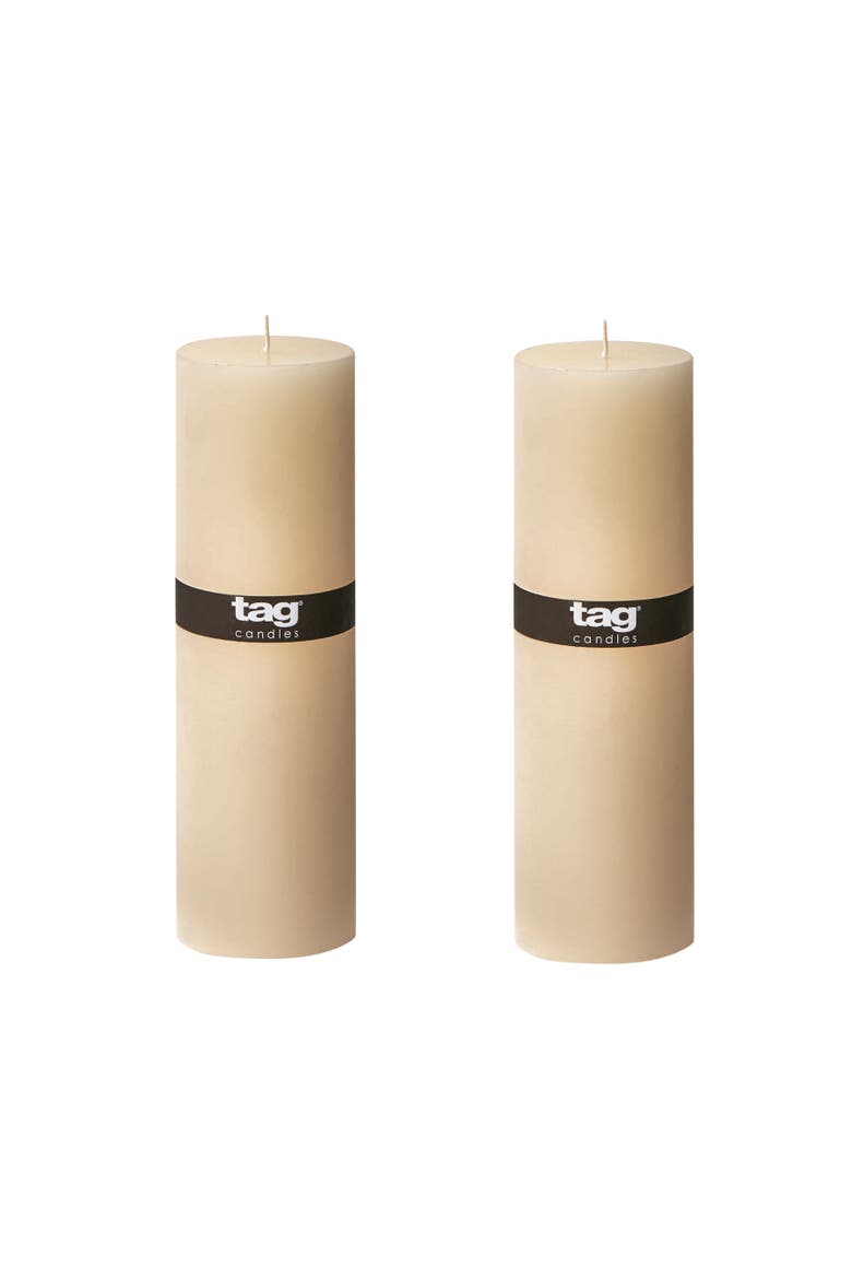 Ivory Pillar Wax Candle Set of 2 Unscented Long Burning, Main, color, Beige