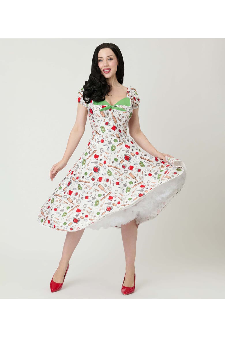 1950s Sweetheart Swing Dress, Main, color, White W/ Kitchen Print