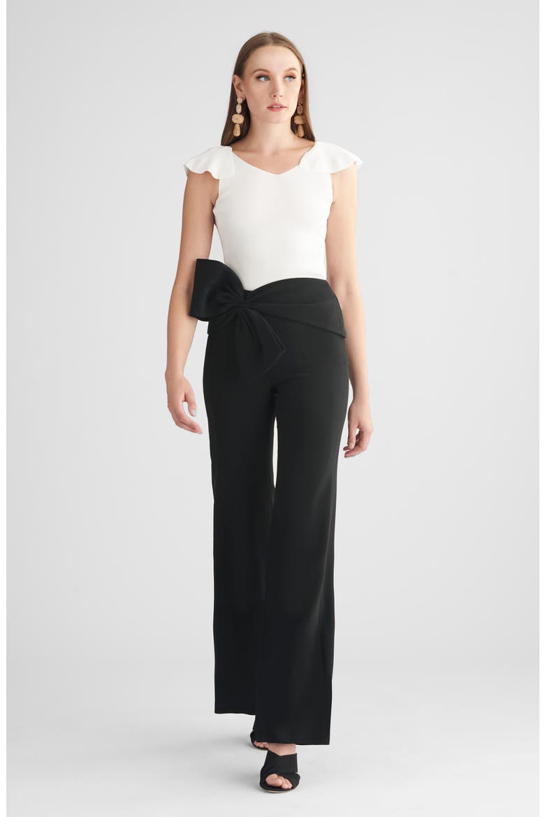 Whitley Bow Waist Stretch Crepe Trousers, Alternate, color, BLACK